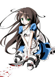 Rule 34 | 1girl, alice (alice in wonderland), alice in wonderland, alice liddell (american mcgee&#039;s alice), american mcgee&#039;s alice, apron, black hair, blood, dress, green eyes, knife, striped clothes, striped thighhighs, thighhighs