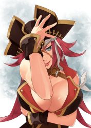 Rule 34 | 1girl, absurdres, blue eyes, breasts, cleavage, fate (series), francis drake (fate), hat, highres, large breasts, long hair, pink hair, scar, smile, solo