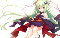 Rule 34 | 1girl, bare shoulders, blush, butterfly hair ornament, cariboy, closed mouth, commentary request, green hair, hair between eyes, hair ornament, hair ribbon, highres, holding, holding sheath, japanese clothes, katana, kimono, long hair, long sleeves, murasame (senren), off shoulder, purple kimono, red eyes, red ribbon, ribbon, senren banka, sheath, sheathed, simple background, sleeves past wrists, smile, solo, sword, two side up, v-shaped eyebrows, very long hair, weapon, white background, wide sleeves