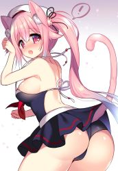 Rule 34 | !, 1girl, adapted costume, alternate costume, animal ears, ass, bare arms, bare shoulders, beret, bikini, blue hair, blush, breasts, cat ears, cat tail, commentary, cowboy shot, gradient hair, hair ribbon, harusame (kancolle), hat, highres, kantai collection, looking at viewer, looking to the side, medium breasts, multicolored hair, nose blush, one-piece swimsuit, open mouth, paw pose, pink eyes, pink hair, pink tail, ribbon, ringo sui, side ponytail, solo, spoken exclamation mark, swimsuit, tail