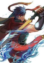 Rule 34 | 1boy, absurdres, armor, artist request, blue eyes, blue hair, cape, fire emblem, fire emblem: path of radiance, fire emblem: radiant dawn, fire emblem heroes, gloves, headband, highres, ike (fire emblem), looking at viewer, male focus, nintendo, ragnell, short hair, simple background, solo, sword, weapon, white background
