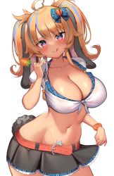 Rule 34 | 1girl, :q, ahoge, animal ears, belt, blush, bonnie (bunny gif), bow, breasts, carrot, cleavage, collarbone, contrapposto, cowboy shot, hair bow, hand up, heart, heart-shaped pupils, heart ahoge, highres, indie virtual youtuber, kaptivate, large breasts, long hair, looking at viewer, midriff, multicolored hair, nail polish, navel, orange hair, pink eyes, plaid, rabbit ears, rabbit tail, simple background, solo, streaked hair, symbol-shaped pupils, tail, tongue, tongue out, twintails, virtual youtuber, white background