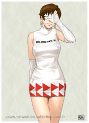 Rule 34 | 1girl, azasuke, bare shoulders, brown eyes, brown hair, covering privates, covering face, covering own eyes, dress, earrings, elbow gloves, embarrassed, female focus, gloves, highres, jewelry, nagase reiko, pussy juice, race queen, ridge racer, short hair, solo, standing, thigh gap, thighs