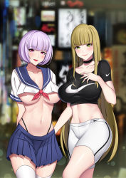 Rule 34 | 2girls, absurdres, arms behind back, bike shorts, black choker, black panties, black shirt, blonde hair, blue sailor collar, blue skirt, blunt bangs, blurry, blurry background, blush, breasts, choker, closed mouth, collarbone, crop top, crotch seam, earrings, green eyes, hand on own chest, highleg, highleg panties, highres, hoop earrings, jewelry, large breasts, light purple hair, long hair, looking at viewer, midriff, miniskirt, multiple girls, navel, neckerchief, night, nike (company), no bra, open mouth, original, panties, pleated skirt, purple eyes, red neckerchief, revealing clothes, sailor collar, school uniform, shirt, short hair, short sleeves, shorts, skirt, smile, stomach, thighhighs, town, underboob, underwear, very long hair, white legwear, white shirt, white shorts, xiao gen, zettai ryouiki