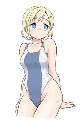 Rule 34 | 1girl, blonde hair, blue eyes, competition swimsuit, cowboy shot, hair ornament, hairclip, highleg, highleg swimsuit, one-piece swimsuit, original, purple one-piece swimsuit, short hair, simple background, sitting, solo, swimsuit, tamu (mad works), wet, white background