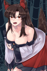 Rule 34 | 1girl, absurdres, animal ears, bamboo, bamboo forest, breasts, brooch, brown hair, fang, forest, highres, imaizumi kagerou, jewelry, large breasts, long hair, looking at viewer, nature, open mouth, outdoors, red eyes, solo, sweat, tail, toluda, touhou, wolf ears, wolf tail