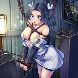 Rule 34 | 1boy, 1girl, bare shoulders, bdsm, black hair, blue eyes, blush, bondage, bound, breasts, butterfly wings, chain, crotch rope, cuffs, dress, female ejaculation, hair ribbon, hashibira inosuke, heavy breathing, highres, insect wings, kanzaki aoi (kimetsu no yaiba), kimetsu no yaiba, lamp, large breasts, long hair, monikano, open mouth, ribbon, rope, shackles, twintails, white dress, wings