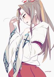 Rule 34 | 10s, 1girl, artist name, brown eyes, from side, hachimaki, headband, high ponytail, japanese clothes, kantai collection, light brown hair, long hair, long sleeves, open mouth, ponytail, profile, red skirt, signature, skirt, so shina, sohin, solo, wide sleeves, zuihou (kancolle)