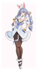 Rule 34 | 1girl, absurdres, animal, animal ear fluff, animal ears, animal on head, bare shoulders, black gloves, blue hair, border, bow, brown pantyhose, carrot hair ornament, food-themed hair ornament, full body, fur trim, gloves, hair between eyes, hair ornament, hands on own hips, highres, hololive, hwoi (hw 123), light blue hair, multicolored eyes, multicolored hair, on head, open mouth, pantyhose, pekomon (usada pekora), pink background, rabbit, rabbit ears, rabbit on head, red eyes, short eyebrows, simple background, solo, symbol-shaped pupils, teeth, thigh strap, twintails, upper teeth only, usada pekora, usada pekora (1st costume), virtual youtuber, white border, white bow, white footwear, white hair, yellow eyes