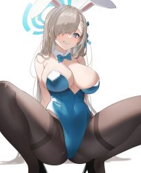 Rule 34 | 1girl, absurdres, asuna (blue archive), blue archive, breasts, cleavage, highres, large breasts, leotard, looking at viewer, meow nyang, playboy bunny, rabbit ears, simple background, smile, solo, spread legs