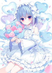 Rule 34 | 1girl, balloon, bare shoulders, blue eyes, blue flower, blue hair, blue rose, blush, bouquet, bow, closed mouth, commentary request, confetti, copyright request, detached sleeves, detached wings, dress, feet out of frame, flower, frilled dress, frills, hasune, heart balloon, highres, holding, holding bouquet, juliet sleeves, knees together feet apart, long sleeves, looking at viewer, mini wings, pink flower, pink rose, puffy sleeves, red eyes, rose, simple background, sleeveless, sleeveless dress, sleeves past wrists, smile, solo, virtual youtuber, white background, white bow, white dress, white sleeves, white wings, wide sleeves, wings