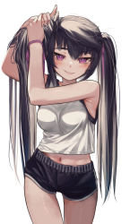 Rule 34 | 1girl, absurdres, ahoge, armpits, black hair, black shorts, blush, breasts, commentary request, cowboy shot, dolphin shorts, hair tie, highres, holding, holding own hair, long hair, looking at viewer, md5 mismatch, medium breasts, midriff, navel, original, priite hari (torriet), purple eyes, resolution mismatch, revision, shirt, short shorts, shorts, sleeveless, sleeveless shirt, smile, solo, source smaller, standing, torriet, twintails, tying hair, very long hair, white background, white shirt