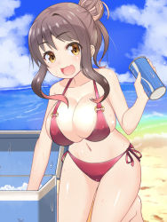 Rule 34 | 10s, 1girl, :d, bare arms, bare legs, bare shoulders, barefoot, battlegaregga, beach, bikini, breasts, brown eyes, brown hair, day, fang, highres, ice, ice cube, kantai collection, large breasts, long hair, naganami (kancolle), ocean, open mouth, outdoors, red bikini, smile, solo, swimsuit, wet