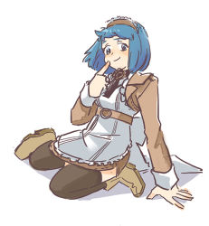Rule 34 | 1girl, alty (ragnarok online), apron, black thighhighs, blue eyes, blue hair, blush, breasts, brown dress, closed mouth, commentary request, dress, full body, kafra uniform, long sleeves, looking at viewer, maid, maid headdress, medium breasts, ragnarok online, short hair, simple background, sitting, smile, solo, thighhighs, white apron, white background, zhi xie