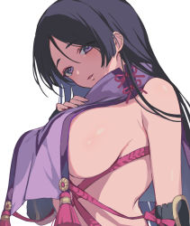 Rule 34 | 1girl, bare shoulders, black gloves, breast curtain, breasts, fate/grand order, fate (series), gloves, grey background, hand on own chest, large breasts, long hair, looking at viewer, minamoto no raikou (fate), parted bangs, parted lips, purple eyes, purple hair, revealing clothes, revision, rope, sideboob, solo, tabard, very long hair, vivi (eve no hakoniwa)