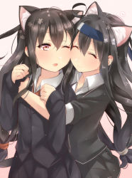 Rule 34 | 2girls, animal ear fluff, animal ears, bad id, bad pixiv id, black jacket, black skirt, blazer, cat ears, cat girl, character request, cheek-to-cheek, collared shirt, commentary request, dress shirt, closed eyes, facing another, heads together, jacket, juurouta, kantai collection, kemonomimi mode, long sleeves, looking at another, loose necktie, miniskirt, multiple girls, necktie, one eye closed, open mouth, pleated skirt, red neckwear, shirt, skirt, white shirt, wing collar
