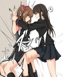 Rule 34 | 10s, 1boy, 1girl, against wall, apron, bad id, bad pixiv id, ball busting, bdsm, black skirt, black socks, black vest, blush, brown hair, cardigan, cbt, censored, crack, cracked wall, cross-section, crossdressing, crotch kick, earrings, femdom, from side, green eyes, highres, holding another&#039;s wrist, idolmaster, idolmaster cinderella girls, idolmaster side-m, jewelry, kneehighs, kneepits, leg up, legs, light brown hair, long hair, long sleeves, looking at another, looking down, mizushima saki, motion blur, motion lines, no panties, parted lips, penis, pleated skirt, profile, school uniform, shibuya rin, short sleeves, simple background, skirt, smile, socks, speech bubble, speed lines, stud earrings, sweat, testicles, translation request, trap, trembling, twintails, vest, waist apron, watarase piro, white apron, white background, wide-eyed