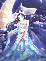 Rule 34 | 2girls, bare shoulders, barefoot, blue eyes, blue hair, breasts, cleavage, commentary, cookie run, diamond (shape), dress, english commentary, hair ornament, highres, humanization, jewelry, large breasts, long hair, looking at viewer, moonlight cookie, multiple girls, necklace, personification, sea fairy cookie, sword, thighs, user dwzx3487, very long hair, weapon