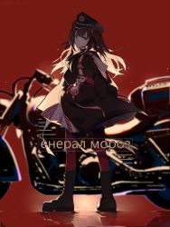 Rule 34 | 1girl, animal ears, arknights, bear ears, black choker, black footwear, black jacket, boots, brown hair, choker, cyrillic, dinned, from behind, full body, grey eyes, hat, highres, jacket, long hair, long sleeves, looking at viewer, looking back, miniskirt, motor vehicle, motorcycle, multicolored hair, official alternate costume, open clothes, open jacket, pantyhose, peaked cap, red background, red hair, red pantyhose, shirt, skirt, solo, standing, streaked hair, white skirt, zima (arknights), zima (ready to go) (arknights)