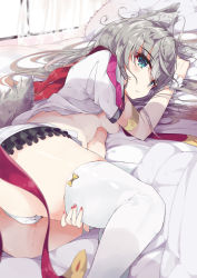 Rule 34 | 1girl, animal ears, armlet, ass, blue eyes, breasts, frilled skirt, frills, grey hair, highres, long hair, looking at viewer, lying, minari (haib), miniskirt, nail polish, on bed, on side, open clothes, open shirt, original, panties, pillow, red nails, shirt, skirt, solo, tail, thighhighs, underwear, white panties, white thighhighs