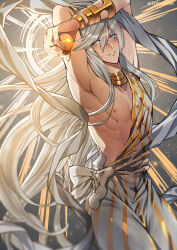 Rule 34 | 1boy, absurdres, apple, arms up, blue eyes, bow, bracer, collar, cowboy shot, crossed arms, edo-sama, food, fruit, gold collar, golden apple, granblue fantasy, grey background, hagoromo, hair between eyes, helel ben sahar (granblue fantasy), highres, holding, holding food, holding fruit, light particles, long hair, looking at viewer, lucio (granblue fantasy), male focus, nipples, parted lips, robe, shawl, smile, solo, striped clothes, sunburst, toga, toned, toned male, v-shaped eyebrows, very long hair, white bow, white hair, white robe, white shawl