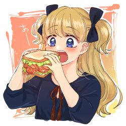 Rule 34 | 1girl, blonde hair, blue bow, blue dress, blue eyes, blunt bangs, blush, bow, dress, eating, emilico (shadows house), food, hair bow, hanasaki nm, holding, holding food, long hair, open mouth, sandwich, shadows house, solo, two side up, upper body