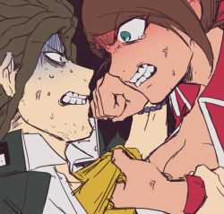 Rule 34 | 10s, 1boy, 1girl, anger vein, angry, asahina aoi, bad id, bad twitter id, blue eyes, bracelet, breasts, brown hair, cleavage, clenched hand, clenched teeth, color drain, constricted pupils, danganronpa: trigger happy havoc, danganronpa (series), dark skin, facial hair, furious, hagakure yasuhiro, highres, imoni (1110), jewelry, shirt grab, stubble, tearing up, teeth