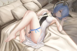 Rule 34 | armpits, azur lane, backless dress, backless outfit, bare arms, bare shoulders, barefoot, bed sheet, blue hair, commentary request, cross, dress, feet, gascogne (azur lane), haika, hair over one eye, head tilt, highres, knees up, leg ribbon, light smile, looking at viewer, lying, nail polish, on back, on bed, panties, pantyshot, pillow, ribbon, short hair, sleeveless, sleeveless dress, soles, solo, strapless, strapless dress, table, thigh ribbon, toenail polish, toenails, toes, underwear, white panties, yellow eyes