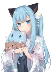 Rule 34 | 1girl, amashiro natsuki, animal ears, bad id, bad pixiv id, blue eyes, blue hair, blue hakama, blush, boar, cat ears, closed mouth, commentary request, hugging doll, floral print, flower, grey kimono, hair bobbles, hair flower, hair ornament, hakama, hakama skirt, head tilt, highres, japanese clothes, kimono, long hair, long sleeves, looking at viewer, hugging object, one side up, original, print kimono, sidelocks, simple background, skirt, smile, solo, stuffed animal, stuffed cat, stuffed toy, upper body, white background, white flower, wide sleeves