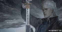 Rule 34 | 1boy, absurdres, black gloves, blue coat, blue eyes, closed mouth, cloud, coat, devil may cry (series), fingerless gloves, gloves, grey sky, hair slicked back, highres, holding, holding sword, holding weapon, katana, male focus, outdoors, qvlv kuzi feichuan, rain, sky, solo, sword, vergil (devil may cry), weapon, wet, white hair, yamato (sword)
