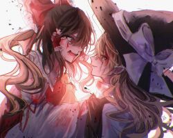 Rule 34 | 2girls, absurdres, angry, annin cha, ascot, black hair, black headwear, blonde hair, blood, blood on clothes, blood on face, bow, commentary, crying, crying with eyes open, eye contact, fighting, floating hair, frilled bow, frills, from side, hair bow, hakurei reimu, hat, hat bow, highres, kirisame marisa, long hair, looking at another, multiple girls, nontraditional miko, open mouth, parted lips, profile, red bow, simple background, smile, tears, teeth, touhou, twitter username, upper body, white background, white bow, witch hat, yellow ascot