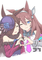 2girls ;) ^_^ absurdres animal_ears bare_shoulders blue_eyes blue_flower blue_rose breasts brown_hair closed_eyes commentary flower grey_hairband hair_between_eyes hair_over_one_eye hairband hat hat_flower heart heart_hands highres horse_ears horse_girl jtleeklm large_breasts long_hair long_sleeves mihono_bourbon_(umamusume) multiple_girls necktie one_eye_closed pink_necktie rice_shower_(umamusume) rose signature simple_background smile tilted_headwear umamusume white_background