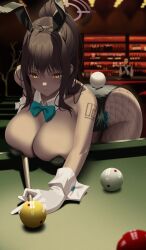Rule 34 | 1girl, absurdres, animal ears, ball, bare shoulders, billiard ball, billiards, black hair, black leotard, blue archive, blurry, blurry background, blush, breasts, cleavage, cue stick, dark-skinned female, dark skin, detached collar, fake animal ears, fishnet pantyhose, fishnets, gloves, halo, highleg, highleg leotard, highres, holding cue stick, karin (blue archive), karin (bunny) (blue archive), large breasts, leavv, leotard, long hair, looking at viewer, pantyhose, playboy bunny, ponytail, pool table, rabbit ears, rabbit tail, sidelocks, solo, table, tail, very long hair, white gloves, yellow eyes