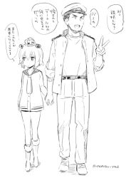 Rule 34 | 1boy, 1girl, admiral (kancolle), commentary request, dress, greyscale, hat, headgear, holding hands, jacket, kantai collection, military jacket, monochrome, neckerchief, nyoriko, open mouth, peaked cap, sailor dress, short hair, sleeves rolled up, translated, twitter username, v, yukikaze (kancolle)