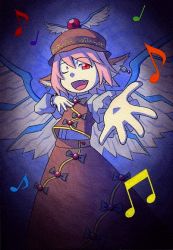 Rule 34 | 1girl, acrylic paint (medium), earrings, fang, female focus, gradient background, hat, jewelry, kawachi koorogi, music, musical note, mystia lorelei, one eye closed, outstretched hand, painting (medium), singing, solo, touhou, traditional media, wings, wink