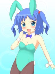 Rule 34 | 1girl, animal ears, aqua eyes, artist request, bare arms, bare shoulders, black pantyhose, black ribbon, blue eyes, blue hair, blue ribbon, blush, breasts, bubble, choker, circle, cleavage, gradient background, hair bobbles, hair ornament, hand to own mouth, kawashiro nitori, leotard, looking at viewer, matching hair/eyes, medium breasts, neck ribbon, open mouth, pantyhose, playboy bunny, rabbit ears, rabbit tail, ribbon, short hair, smile, solo, tail, touhou, twintails, two side up, wrist cuffs