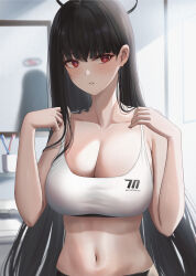 Rule 34 | 1girl, absurdres, alternate costume, bathroom, black hair, blue archive, breasts, cleavage, collarbone, cup, halo, highres, large breasts, long hair, midriff, mirror, navel, parted lips, red eyes, reflection, rio (blue archive), solo, sports bra, stomach, toothbrush, upper body, very long hair, white sports bra, yamikyon