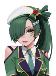Rule 34 | 1girl, bare shoulders, character request, clothing cutout, commentary request, ear piercing, earrings, flower, green eyes, green hair, green jacket, green necktie, hair over one eye, hat, highres, jacket, jewelry, long hair, looking at viewer, necktie, noriuma, piercing, ponytail, red flower, shining star, shoulder cutout, simple background, solo, white background, white hat