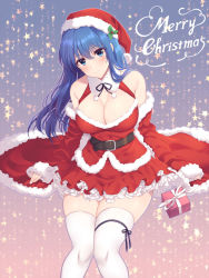 Rule 34 | 1girl, alternate costume, awayuki ramika, bare shoulders, blue background, blue eyes, blue hair, blush, breasts, caeda (fire emblem), christmas, cleavage, detached sleeves, dress, english text, fire emblem, fire emblem: mystery of the emblem, frilled dress, frills, fur-trimmed dress, fur-trimmed headwear, fur trim, gift, gradient background, hair ornament, hat, large breasts, long hair, long sleeves, looking at viewer, merry christmas, nintendo, pink background, red dress, santa costume, santa hat, simple background, smile, solo, star (symbol), thighhighs, white thighhighs, zettai ryouiki