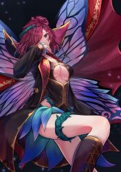 Rule 34 | 1girl, alternate costume, blue eyes, boots, breasts, brown footwear, butterfly wings, cape, center opening, cleavage, commentary request, commission, dress, facial mark, fairy wings, fire emblem, fire emblem heroes, flower, hair flower, hair ornament, hair over one eye, hair vines, highres, insect wings, large breasts, long sleeves, looking at viewer, nintendo, partial commentary, plant, purple hair, red cape, skeb commission, solo, thorns, triandra (fire emblem), vines, wings, yoshiki1020