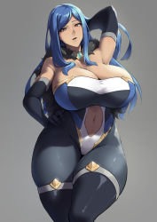 Rule 34 | 1girl, absurdres, armpits, bare shoulders, black gloves, black pantyhose, blue hair, blue leotard, blush, breasts, brooch, brown eyes, cape, cleavage, clothing cutout, curvy, elbow gloves, fur cape, gloves, grey thighhighs, highleg, highleg leotard, highres, huge breasts, jewelry, layered legwear, leotard, long hair, looking at viewer, navel, navel cutout, open mouth, original, packge, pantyhose, presenting armpit, sidelocks, smile, solo, swept bangs, thick thighs, thighhighs, thighs
