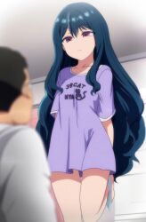Rule 34 | absurdres, blue hair, breasts, expressionless, highres, kuudere, no pants, nozaki yu, panties, panty pull, pink eyes, purple eyes, saimin seishidou, small breasts, stitched, third-party edit, underwear