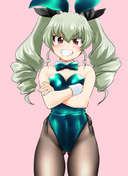Rule 34 | 1girl, absurdres, anchovy (girls und panzer), animal ears, aqua bow, aqua bowtie, aqua leotard, black bow, black bowtie, black pantyhose, bow, bowtie, breasts, brown eyes, cleavage, commentary request, cowboy shot, crossed arms, detached collar, drill hair, fishnet pantyhose, fishnets, girls und panzer, gluteal fold, green hair, grin, highres, leotard, long hair, looking at viewer, medium breasts, nanao futaba, pantyhose, pink background, playboy bunny, rabbit ears, simple background, smile, solo, strapless, strapless leotard, twin drills, twintails, wrist cuffs