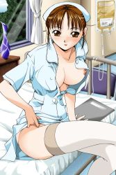 Rule 34 | 1girl, bed, breasts, brown eyes, brown hair, hospital, hospital bed, intravenous drip, nipples, nurse, open clothes, open shirt, shirt, short hair, sitting, solo, thighhighs