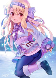 Rule 34 | 1girl, 2018, :d, ainu clothes, ass, black footwear, black pantyhose, blonde hair, blurry, blurry background, blush, bow, day, depth of field, fate/grand order, fate (series), fingerless gloves, fur trim, gloves, hair between eyes, hair bow, hair tubes, hairband, illyasviel von einzbern, lake, leg warmers, long hair, long sleeves, looking at viewer, looking to the side, open mouth, outdoors, pantyhose, pink hairband, purple bow, purple gloves, red eyes, seiru (prairie), shoes, sidelocks, signature, sitonai (fate), sleeves past wrists, smile, solo, standing, standing on one leg, very long hair, water, wide sleeves