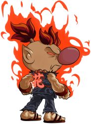 Rule 34 | 1boy, akuma (street fighter) (cosplay), aura, beads, big nose, capcom, cosmicam, cosplay, frown, akuma (street fighter), highres, kanji, male focus, muscular, nintendo, olimar, pikmin (series), pointy ears, ponytail, prayer beads, red eyes, red hair, rope belt, sandals, solo, street fighter, super smash bros., wristband