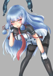 Rule 34 | 10s, 1girl, aqua hair, black pantyhose, blunt bangs, brown eyes, dress, finger to cheek, gloves, grey background, hand on own knee, headgear, highres, imai chiaki, kantai collection, leaning forward, long hair, looking at viewer, multicolored clothes, multicolored gloves, murakumo (kancolle), murakumo kai ni (kancolle), necktie, pantyhose, sidelocks, simple background, solo, thighband pantyhose, white dress