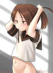 Rule 34 | 1girl, black sailor collar, brown eyes, brown hair, holding, holding own hair, kantai collection, mouth hold, navel, no panties, one-hour drawing challenge, out-of-frame censoring, ponytail, ray.s, sailor collar, school uniform, serafuku, shikinami (kancolle), shikinami kai ni (kancolle), shirt, short hair, solo, white shirt