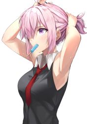 Rule 34 | 1girl, adjusting hair, ahoge, alternate hairstyle, armpits, arms up, bare shoulders, between breasts, black shirt, blush, breasts, collared shirt, commentary request, fate/grand order, fate (series), food, food in mouth, hair over one eye, herigaru (fvgyvr000), highres, ice cream, looking away, mash kyrielight, medium breasts, necktie, necktie between breasts, one eye covered, pink hair, ponytail, popsicle, purple eyes, red necktie, shirt, sidelocks, simple background, sleeveless, sleeveless shirt, solo, sweat, sweatdrop, white background