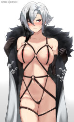 Rule 34 | absurdres, areola slip, arlecchino (genshin impact), bare shoulders, black eyes, black gloves, black hair, blush, breasts, cleavage, closed mouth, coat, collarbone, cowboy shot, elbow gloves, fur collar, fur trim, genshin impact, gloves, grey hair, highres, hioyami, large breasts, medium hair, multicolored hair, navel, o-ring, patreon username, simple background, solo, streaked hair, symbol-shaped pupils, thighs, white background, x-shaped pupils